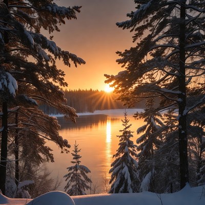 Snowy Trees Framing Sunset Lake