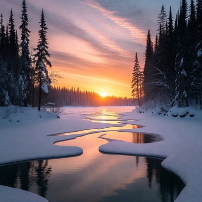 Sunset over frozen river in snowy forest