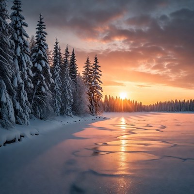 Snowy Pine Trees Sunset Frozen Lake