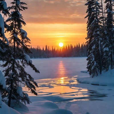 Sunset over frozen lake with snowy trees