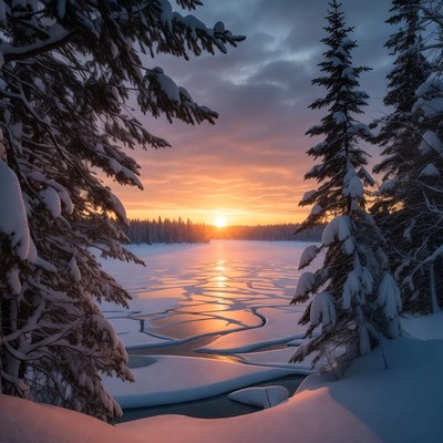 Snowy Trees Framing Frozen Lake Sunset