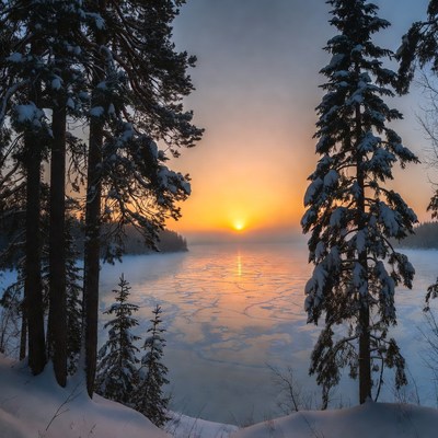 Snowy Pine Trees Framing Frozen Lake Sunrise