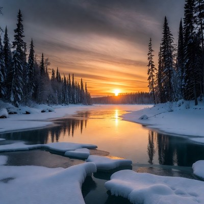 Winter River Sunset with Snowy Pine Trees