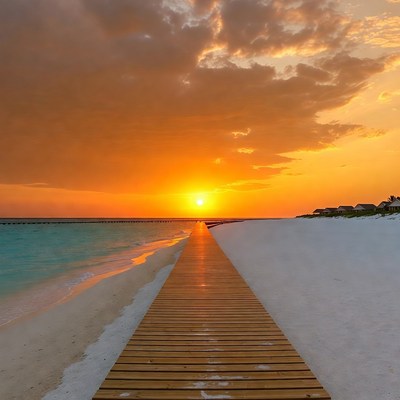 Wooden pier over white sand beach at sunset