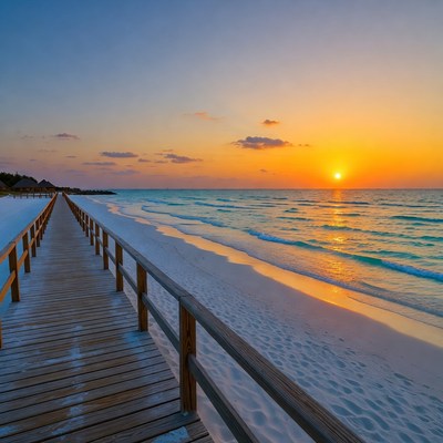 Wooden pier at tropical sunset beach