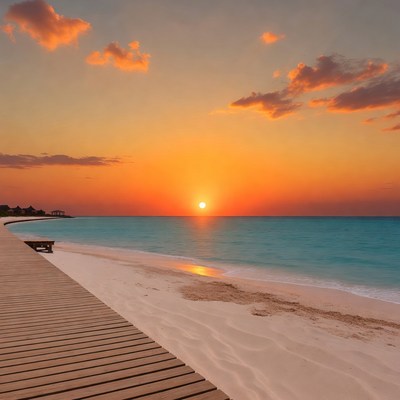 Sunset over wooden pier on beach