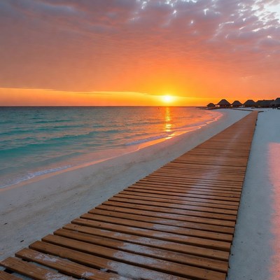 Wooden pier at tropical sunset beach