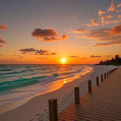 Sunset over tropical beach wooden pier