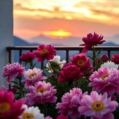 Pink Peonies with Sunset Mountains