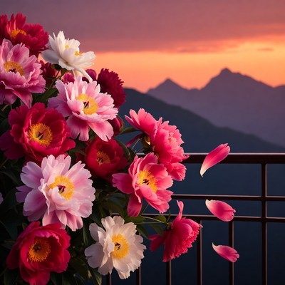 Pink Peonies on Balcony at Sunset