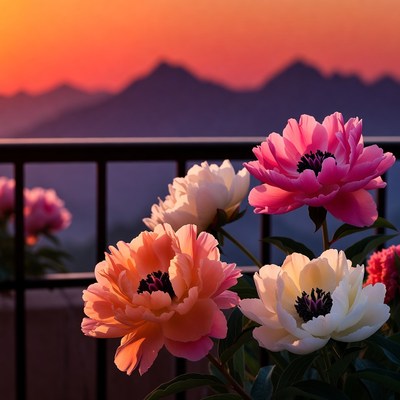 Colorful Peonies on Balcony at Sunset