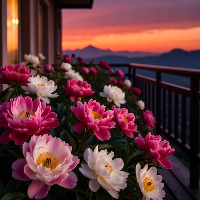 Peonies on balcony at sunset