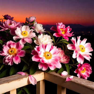 Pink Peonies on Deck at Sunset