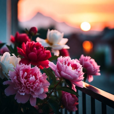 Pink and White Peonies at Sunset