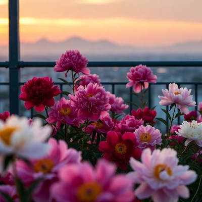 Pink peonies at sunset balcony
