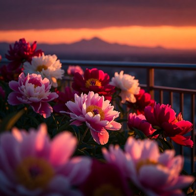 Peonies on Balcony at Sunset
