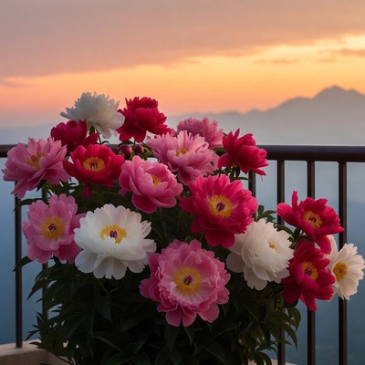 Pink and White Peonies on Balcony at Sunset