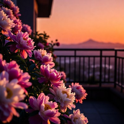 Pink Peonies on Balcony at Sunset