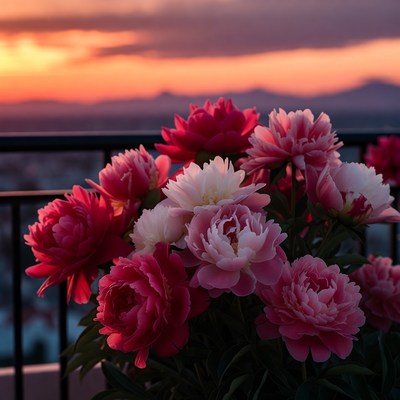 Pink and White Peonies at Sunset