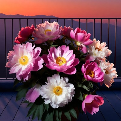 Pink White Peonies Bouquet Sunset Mountains