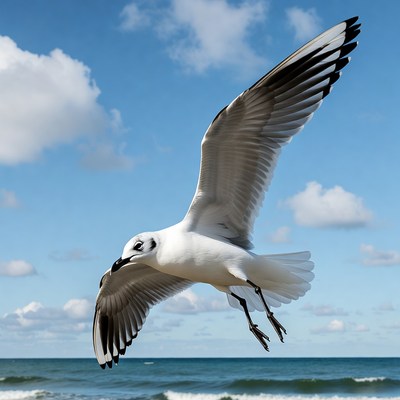 White seagull flying over ocean