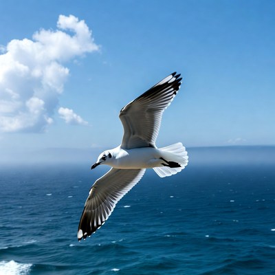 White seagull flying over ocean