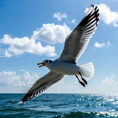 Gull flying over ocean