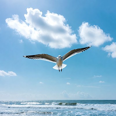 Seagull flying over ocean waves