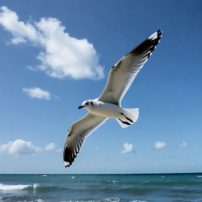 Seagull flying over ocean waves