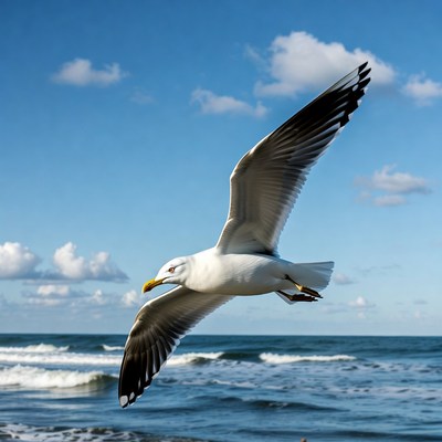 Seagull flying over ocean waves