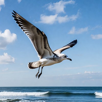 Seagull flying over ocean waves