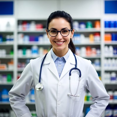 Smiling female pharmacist in lab coat