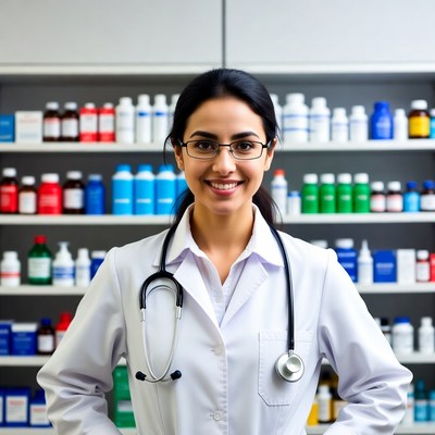 Smiling female pharmacist with stethoscope