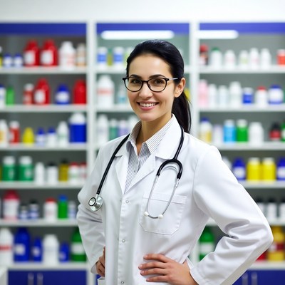 Smiling female pharmacist in lab coat