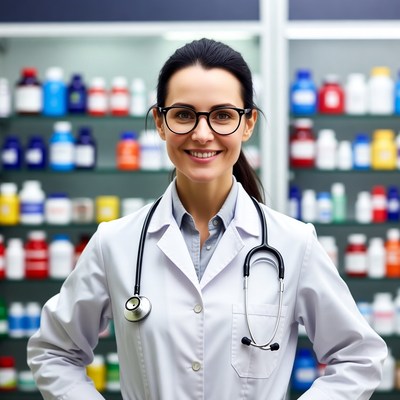 Smiling female pharmacist in lab coat
