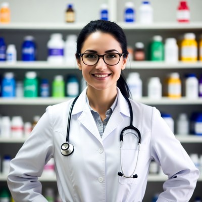 Smiling female pharmacist with stethoscope