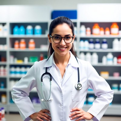 Smiling Latina pharmacist in white coat