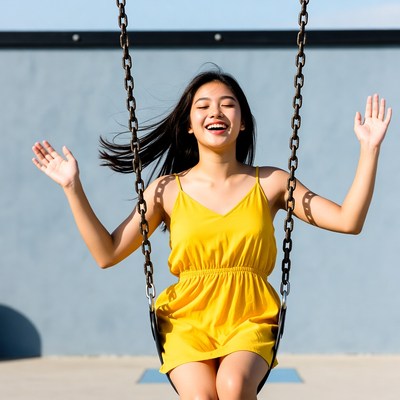 Asian girl swinging on playground swing