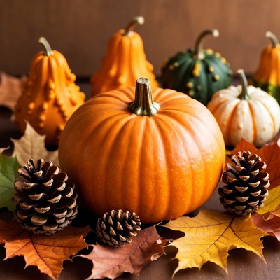 Assortment of pumpkins with fall leaves