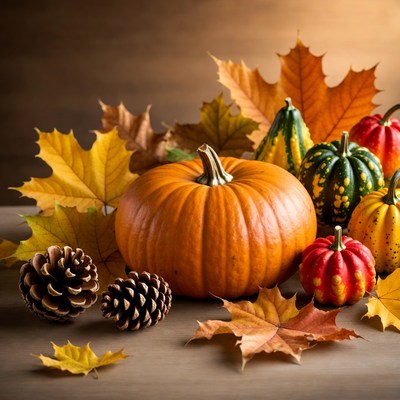 Autumn Pumpkins with Leaves and Pinecones