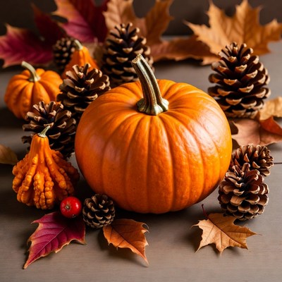 Pumpkin with Pinecones and Autumn Leaves