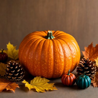 Pumpkin with Autumn Leaves and Pinecones
