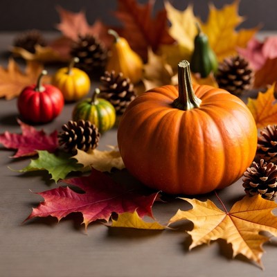 Autumn Pumpkins with Leaves and Pinecones