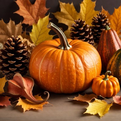 Autumn Pumpkins with Pinecones and Leaves