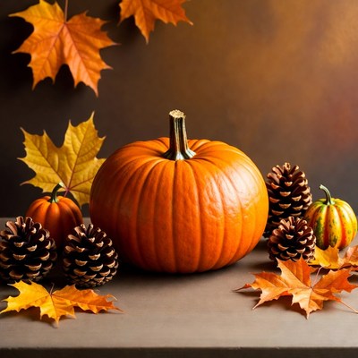 Autumn Pumpkin with Leaves and Pinecones