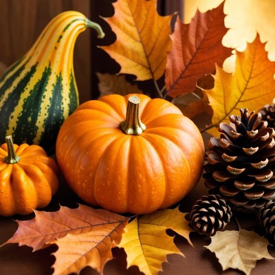 Autumn Pumpkins with Leaves and Pinecones