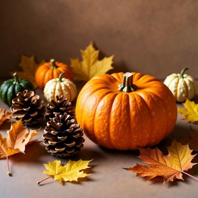 Autumn Pumpkins with Pinecones and Leaves