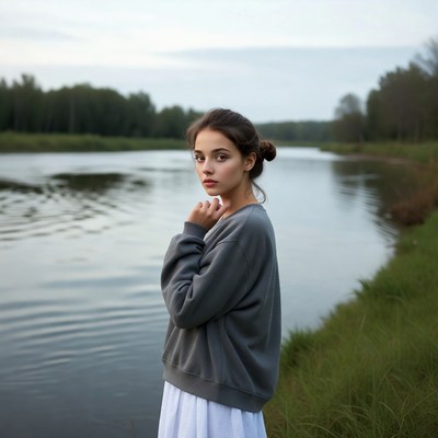 Young woman by riverside in sweater