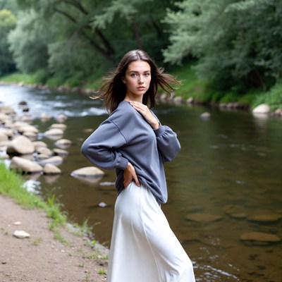 Woman in gray hoodie by river