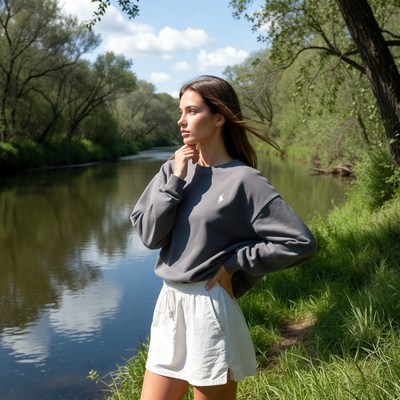 Woman pondering by riverside in gray sweatshirt